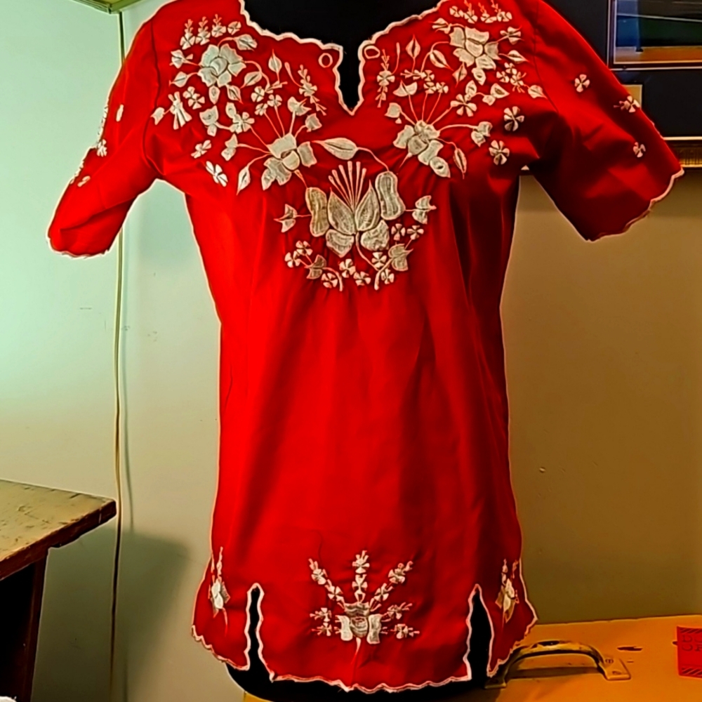 Red Embroidered Women's Top